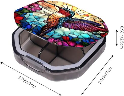 4 Compartment Stained Glass Hummingbird Travel Pill Organizer, Watertight Portable Daily Pill Box for Vitamins, Fish Oil, Medicine & Small Items - BPA-Free Food Grade Material in Kuwait