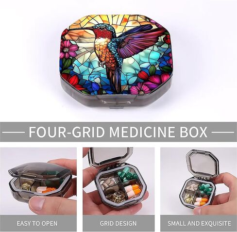 4 Compartment Stained Glass Hummingbird Travel Pill Organizer, Watertight Portable Daily Pill Box for Vitamins, Fish Oil, Medicine & Small Items - BPA-Free Food Grade Material in Kuwait