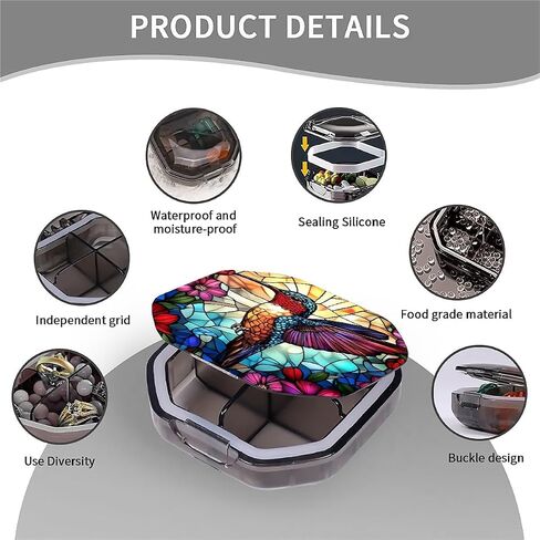 4 Compartment Stained Glass Hummingbird Travel Pill Organizer, Watertight Portable Daily Pill Box for Vitamins, Fish Oil, Medicine & Small Items - BPA-Free Food Grade Material in Kuwait