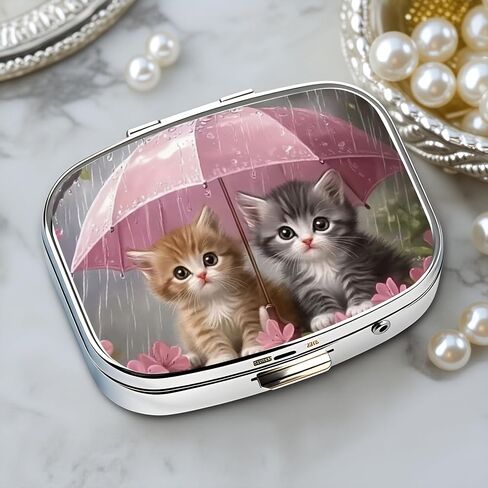 Chic Kittens Under Umbrella-Compartment Metal Pill Box – Compact and Stylish Medication Organizer, Food-Safe, Portable for Wallet or Pocket, Perfect for Vitamins and Supplements in Kuwait