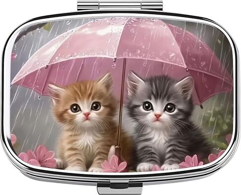 Chic Kittens Under Umbrella-Compartment Metal Pill Box – Compact and Stylish Medication Organizer, Food-Safe, Portable for Wallet or Pocket, Perfect for Vitamins and Supplements in Kuwait