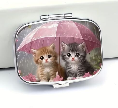 Chic Kittens Under Umbrella-Compartment Metal Pill Box – Compact and Stylish Medication Organizer, Food-Safe, Portable for Wallet or Pocket, Perfect for Vitamins and Supplements in Kuwait