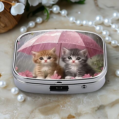 Chic Kittens Under Umbrella-Compartment Metal Pill Box – Compact and Stylish Medication Organizer, Food-Safe, Portable for Wallet or Pocket, Perfect for Vitamins and Supplements in Kuwait