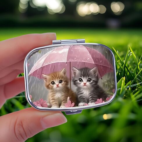 Chic Kittens Under Umbrella-Compartment Metal Pill Box – Compact and Stylish Medication Organizer, Food-Safe, Portable for Wallet or Pocket, Perfect for Vitamins and Supplements in Kuwait