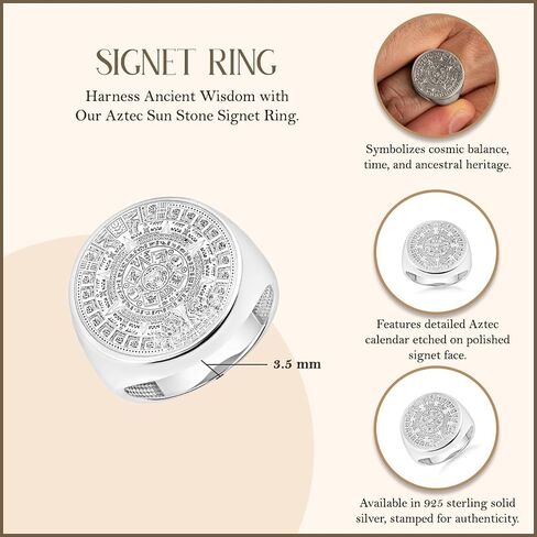 Claddagh Gold Solid .925 Sterling Silver Aztec Sun Mayan Calendar Signet Statement Ring | Available in Sizes 6-16 in Saudi Arabia