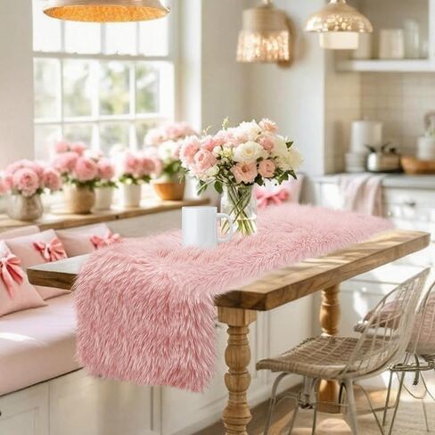 yuboo Fluffy Desser Runners for Bedroom, White Chrismtas Table Runner Furry Fur Touch for Dresser Cover Top, Faux Fur Table Runner for Coffee Table, Living Room 14 x 72 Inches in Kuwait