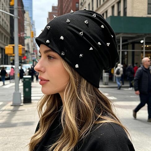 Unisex Studded Beanie Hat, Punk Style Soft Slouchy Knit Cap for Men Women, Trendy Streetwear Headwear Black in Saudi Arabia