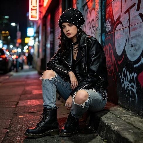 Unisex Studded Beanie Hat, Punk Style Soft Slouchy Knit Cap for Men Women, Trendy Streetwear Headwear Black in Saudi Arabia
