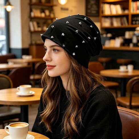 Unisex Studded Beanie Hat, Punk Style Soft Slouchy Knit Cap for Men Women, Trendy Streetwear Headwear Black in Saudi Arabia