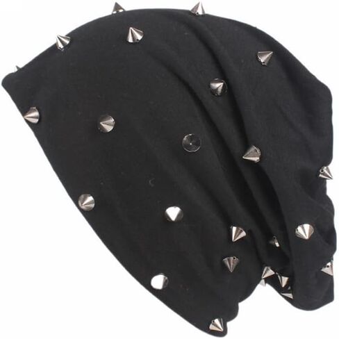 Unisex Studded Beanie Hat, Punk Style Soft Slouchy Knit Cap for Men Women, Trendy Streetwear Headwear Black in Saudi Arabia