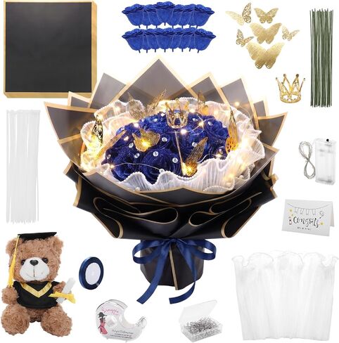 Graduation Flower Bouquet Set DIY Graduation Gifts with Bear Glitter Roses Decorative Bouquet Accessories for College Students Masters Degree University College.(Blue) in Saudi Arabia