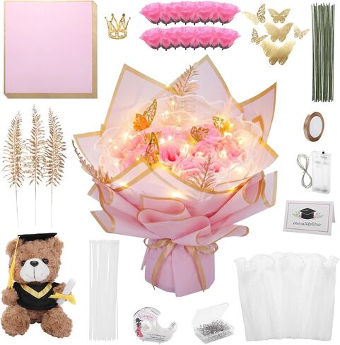 Graduation Flower Bouquet Set DIY Graduation Gifts with Bear Glitter Roses Decorative Bouquet Accessories for College Students Masters Degree University College.(Blue) in Saudi Arabia