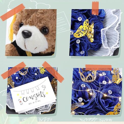 Graduation Flower Bouquet Set DIY Graduation Gifts with Bear Glitter Roses Decorative Bouquet Accessories for College Students Masters Degree University College.(Blue) in Saudi Arabia