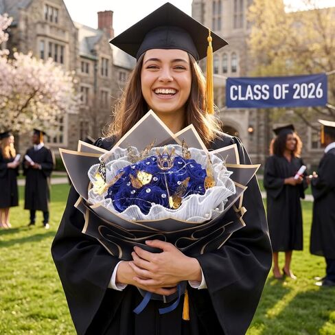 Graduation Flower Bouquet Set DIY Graduation Gifts with Bear Glitter Roses Decorative Bouquet Accessories for College Students Masters Degree University College.(Blue) in Saudi Arabia