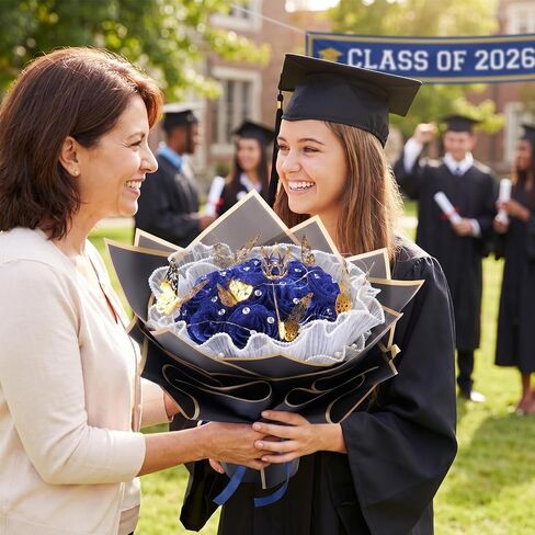 Graduation Flower Bouquet Set DIY Graduation Gifts with Bear Glitter Roses Decorative Bouquet Accessories for College Students Masters Degree University College.(Blue) in Saudi Arabia