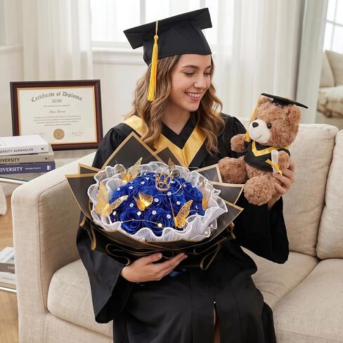 Graduation Flower Bouquet Set DIY Graduation Gifts with Bear Glitter Roses Decorative Bouquet Accessories for College Students Masters Degree University College.(Blue) in Saudi Arabia