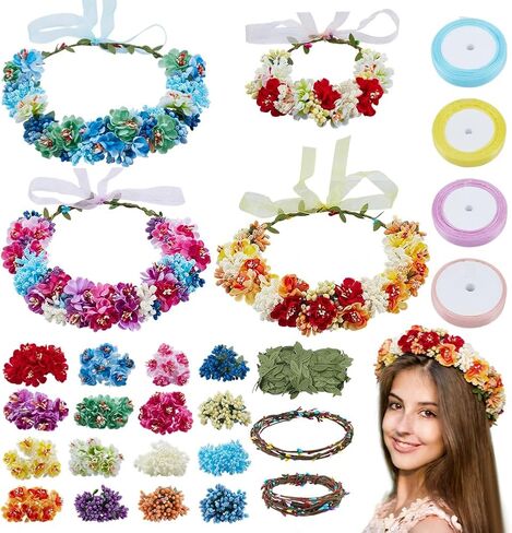 20 Sets DIY Flower Crown Making Kit, Gorgeous Flowr Crowns Kit, Fairy Party Favors Floral Headband and Bracelet, Make Your Own Crown Garland Headband for Princess Women Wedding Birthday in Kuwait