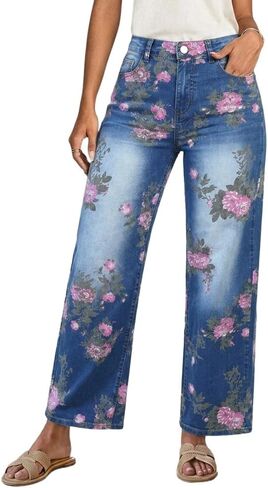 Straight Leg Jeans for Women Spring Summer Vintage Floral High Waisted Stretchy Trendy Baggy Denim Pants in Saudi Arabia