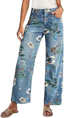 Straight Leg Jeans for Women Spring Summer Vintage Floral High Waisted Stretchy Trendy Baggy Denim Pants in Kuwait