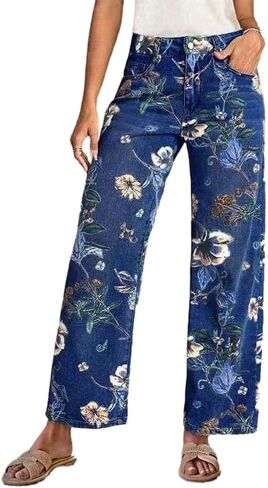 Straight Leg Jeans for Women Spring Summer Vintage Floral High Waisted Stretchy Trendy Baggy Denim Pants in Kuwait