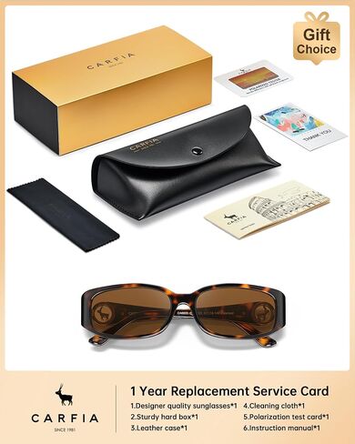 CARFIA Chic Sunglasses Womens Trendy UV400 Protection, Retro Tortoiseshell Acetate,Rectangle Anti-Reflective Lenses Shades in Kuwait
