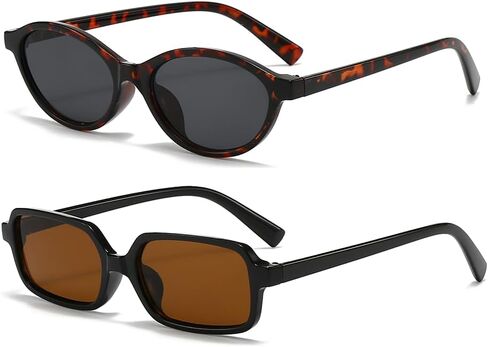 Retro Women Sunglasses 2 Pack, Vintage Cat Eye & Rectangle Sunglasses Set, Trendy UV400 Shades for Driving Daily Wear in Kuwait