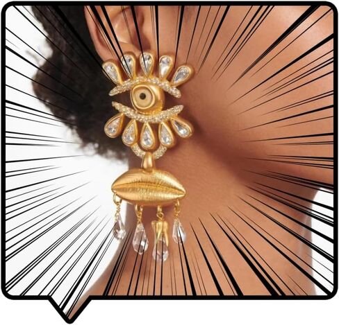 Crystal Eye Drop Earrings, Gold-Plated Statement Dangle Earrings with Teardrop Crystals and Lip Design Large Earrings for Women in Saudi Arabia
