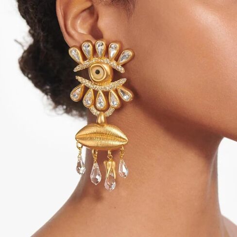 Crystal Eye Drop Earrings, Gold-Plated Statement Dangle Earrings with Teardrop Crystals and Lip Design Large Earrings for Women in Saudi Arabia