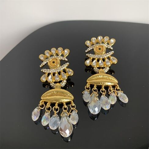 Crystal Eye Drop Earrings, Gold-Plated Statement Dangle Earrings with Teardrop Crystals and Lip Design Large Earrings for Women in Saudi Arabia