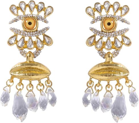 Crystal Eye Drop Earrings, Gold-Plated Statement Dangle Earrings with Teardrop Crystals and Lip Design Large Earrings for Women in Saudi Arabia