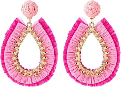 Handmade Raffia Rattan Boho Teardrop Dangle Earrings for Women Colorful Straw Wrap Summer Earrings for Summer Beach Vacation Accessories in Kuwait