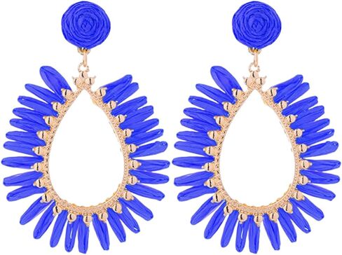 Handmade Raffia Rattan Boho Teardrop Dangle Earrings for Women Colorful Straw Wrap Summer Earrings for Summer Beach Vacation Accessories in Kuwait