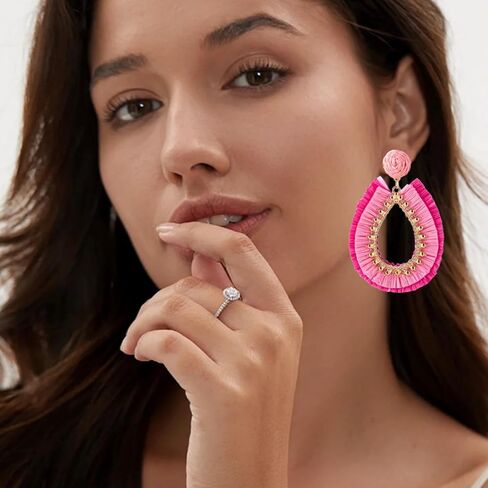 Handmade Raffia Rattan Boho Teardrop Dangle Earrings for Women Colorful Straw Wrap Summer Earrings for Summer Beach Vacation Accessories in Kuwait
