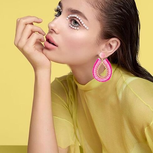 Handmade Raffia Rattan Boho Teardrop Dangle Earrings for Women Colorful Straw Wrap Summer Earrings for Summer Beach Vacation Accessories in Kuwait