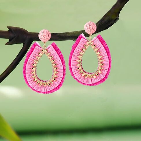 Handmade Raffia Rattan Boho Teardrop Dangle Earrings for Women Colorful Straw Wrap Summer Earrings for Summer Beach Vacation Accessories in Kuwait