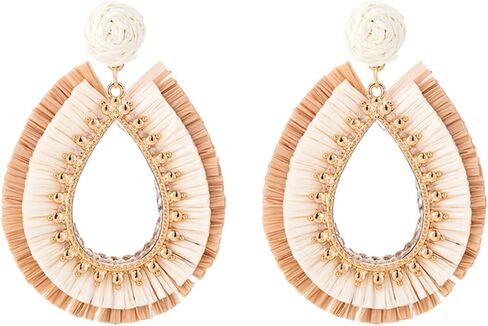 Handmade Raffia Rattan Boho Teardrop Dangle Earrings for Women Colorful Straw Wrap Summer Earrings for Summer Beach Vacation Accessories in Kuwait