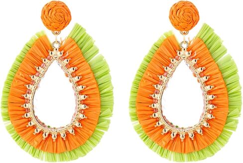 Handmade Raffia Rattan Boho Teardrop Dangle Earrings for Women Colorful Straw Wrap Summer Earrings for Summer Beach Vacation Accessories in Kuwait