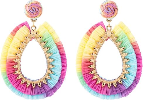 Handmade Raffia Rattan Boho Teardrop Dangle Earrings for Women Colorful Straw Wrap Summer Earrings for Summer Beach Vacation Accessories in Kuwait
