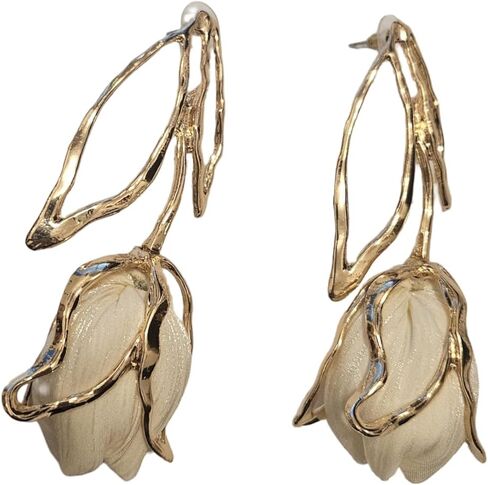 Tulip Bud Drop Earrings, Gold-Tone Floral Dangle with Fabric Petals and Leaf Detail in Kuwait
