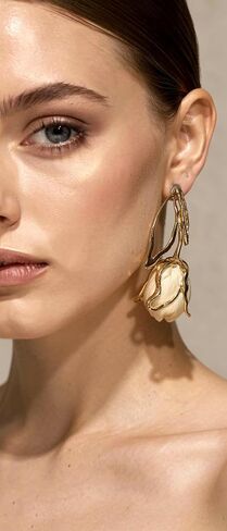 Tulip Bud Drop Earrings, Gold-Tone Floral Dangle with Fabric Petals and Leaf Detail in Kuwait