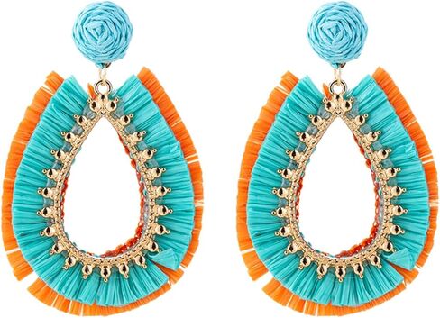 Handmade Raffia Rattan Boho Teardrop Dangle Earrings for Women Colorful Straw Wrap Summer Earrings for Summer Beach Vacation Accessories in Kuwait