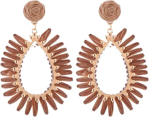 Handmade Raffia Rattan Boho Teardrop Dangle Earrings for Women Colorful Straw Wrap Summer Earrings for Summer Beach Vacation Accessories in Kuwait