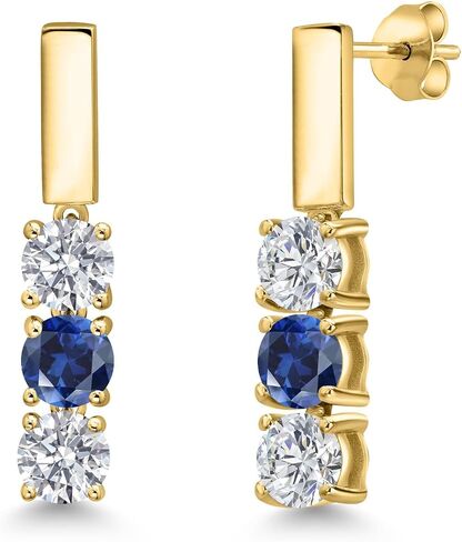 Gem Stone King 18K Yellow Gold Plated Silver White Lab Grown Diamond and Blue Created Sapphire Drop Dangle Earrings For Women | 1.60 Cttw | Gemstone April Birthstone | Round 5MM in Kuwait