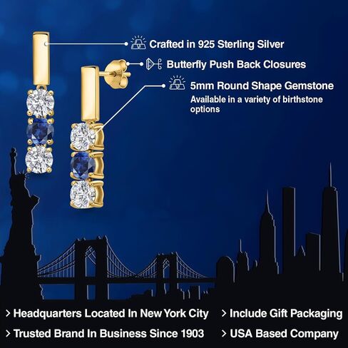 Gem Stone King 18K Yellow Gold Plated Silver White Lab Grown Diamond and Blue Created Sapphire Drop Dangle Earrings For Women | 1.60 Cttw | Gemstone April Birthstone | Round 5MM in Kuwait