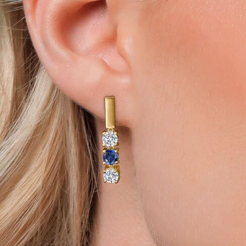 Gem Stone King 18K Yellow Gold Plated Silver White Lab Grown Diamond and Blue Created Sapphire Drop Dangle Earrings For Women | 1.60 Cttw | Gemstone April Birthstone | Round 5MM in Kuwait