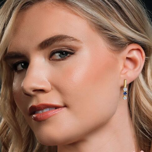 Gem Stone King 18K Yellow Gold Plated Silver White Lab Grown Diamond and Blue Created Sapphire Drop Dangle Earrings For Women | 1.60 Cttw | Gemstone April Birthstone | Round 5MM in Kuwait