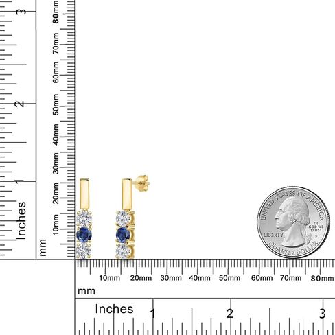 Gem Stone King 18K Yellow Gold Plated Silver White Lab Grown Diamond and Blue Created Sapphire Drop Dangle Earrings For Women | 1.60 Cttw | Gemstone April Birthstone | Round 5MM in Kuwait
