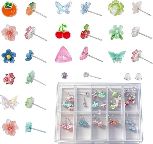 13 Pairs Plastic Earrings for Sensitive Ears Flower Stud Earrings Set with Storage Box Resin Silicone Post Earrings for Women Includes 50 Earring Backs and 10 Grid Case White in Saudi Arabia
