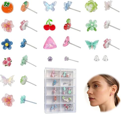 13 Pairs Plastic Earrings for Sensitive Ears Flower Stud Earrings Set with Storage Box Resin Silicone Post Earrings for Women Includes 50 Earring Backs and 10 Grid Case White in Saudi Arabia