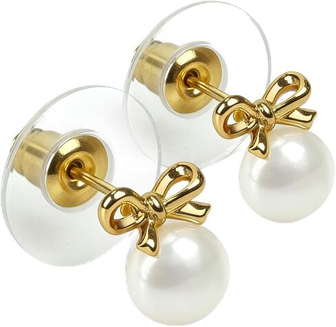 ZLP Bow Earrings for Women | 14k Gold Plated Pearl Stud Earrings |AAA+ Real Pearl Stud Earring | Dainty Small Studs for Women | Trendy Gold Earring (B&P) in Saudi Arabia